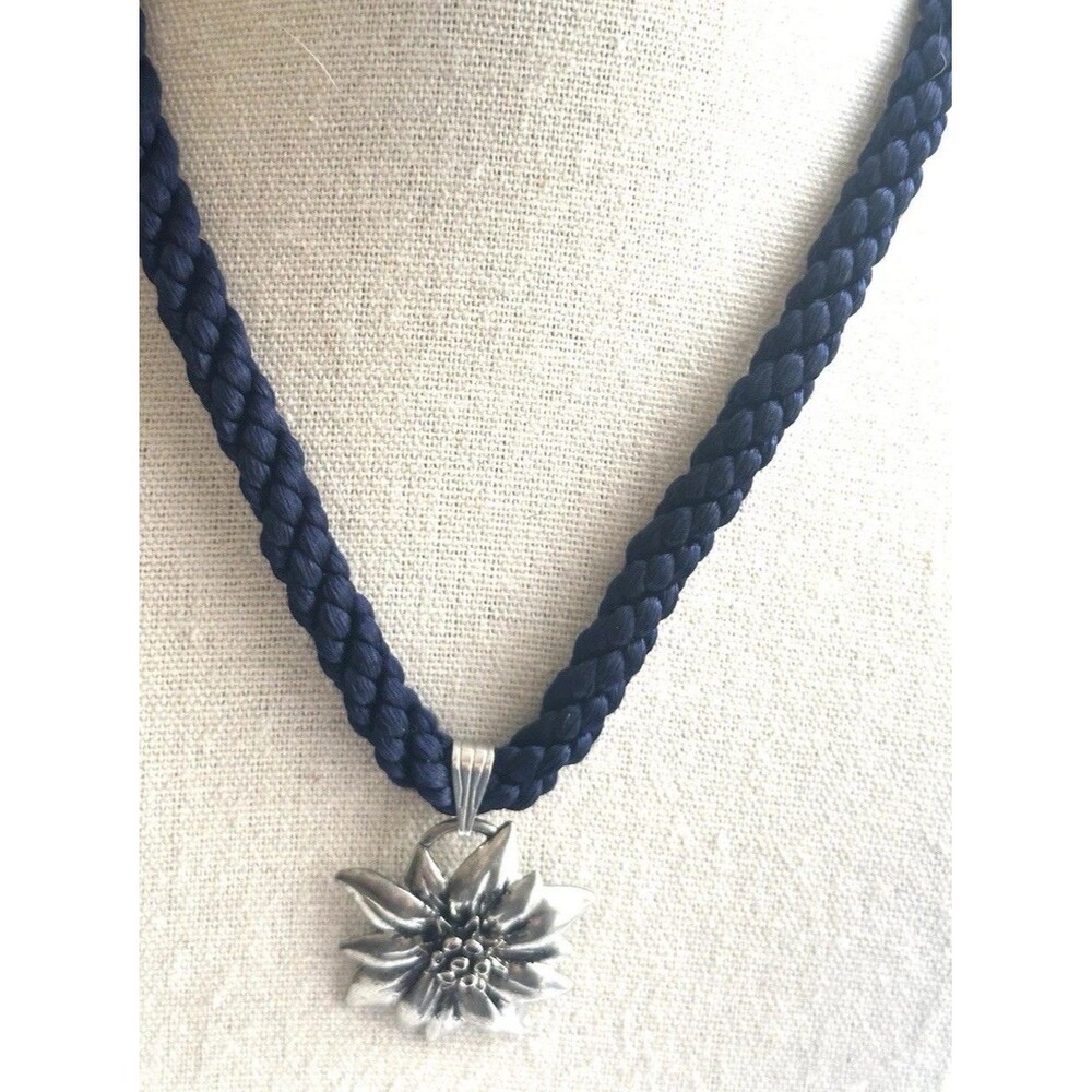 Edelweiss Flower Pendant Navy Braided Cord Necklace 14” + 2” Alpine
